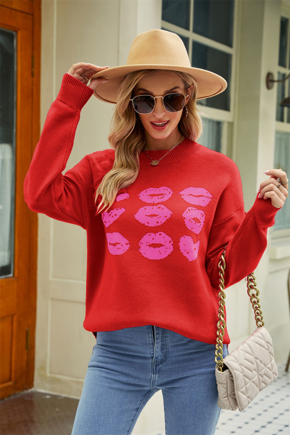 Valentine's Day Crew Neck Jacquard Heart Peach Pullover Knit Sweater