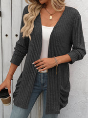 Solid Color Pit Strip Abraded Pocket Cardigan Long-sleeved Jacket