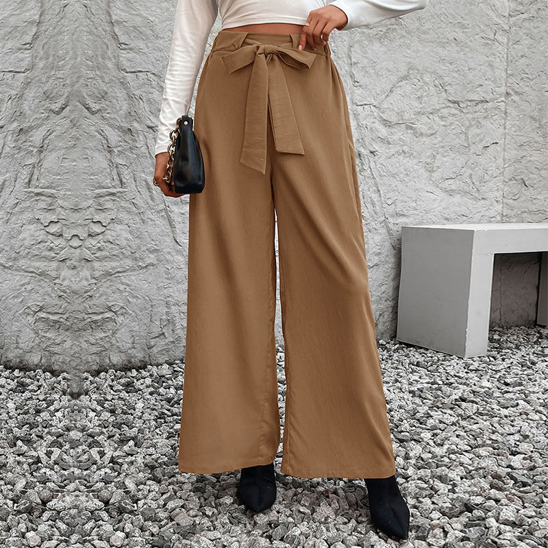 Solid Color Lace-up High-waisted Straight Wide-leg Trousers for Women