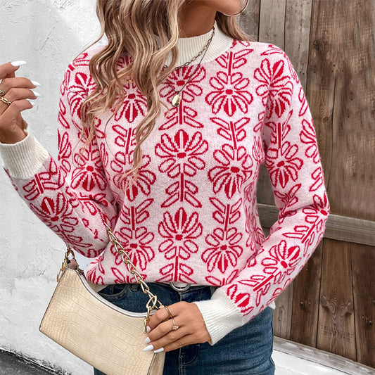 Semi-turtleneck Floral Jacquard Pink Sweater