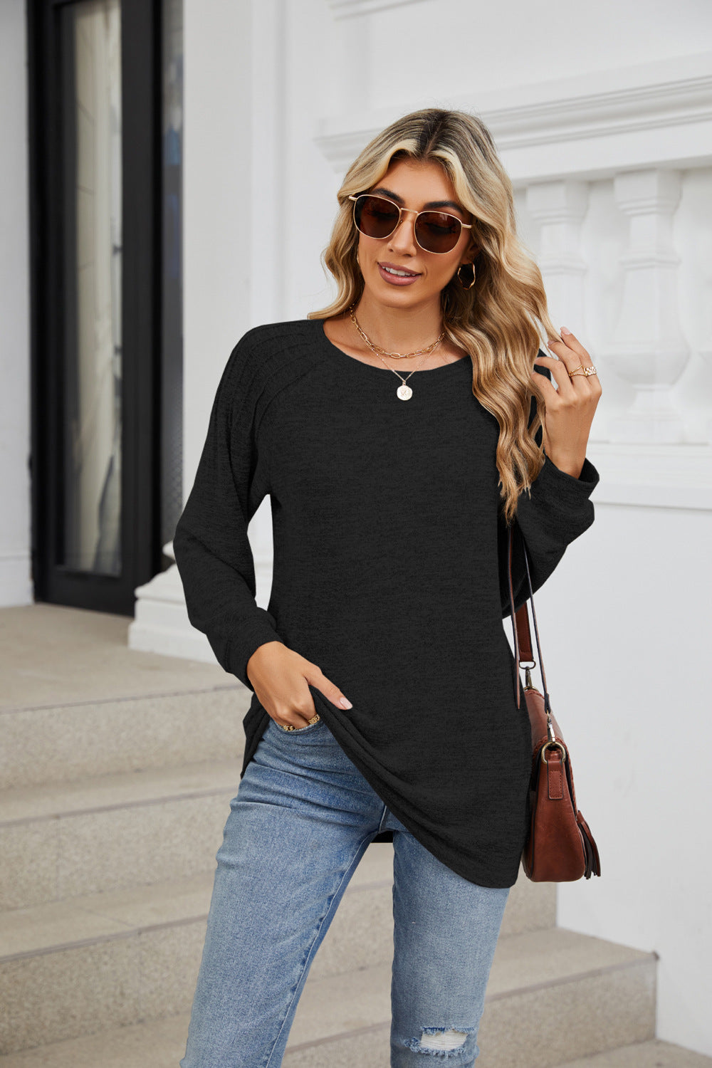 Solid Color Round Neck Loose Pull-up Long-sleeved Top