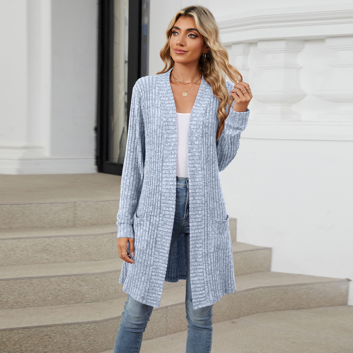 Long Solid Color Long-sleeved Loose Pocket Cardigan