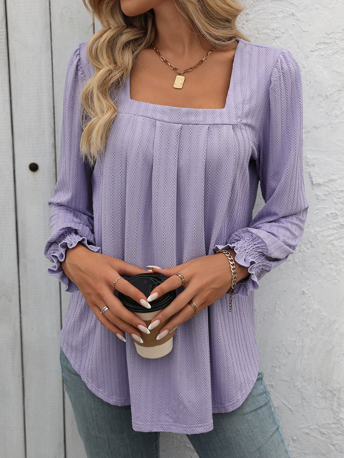 Women's Bubble Sleeve Square Neck Pleated Long Sleeve T-Shirt