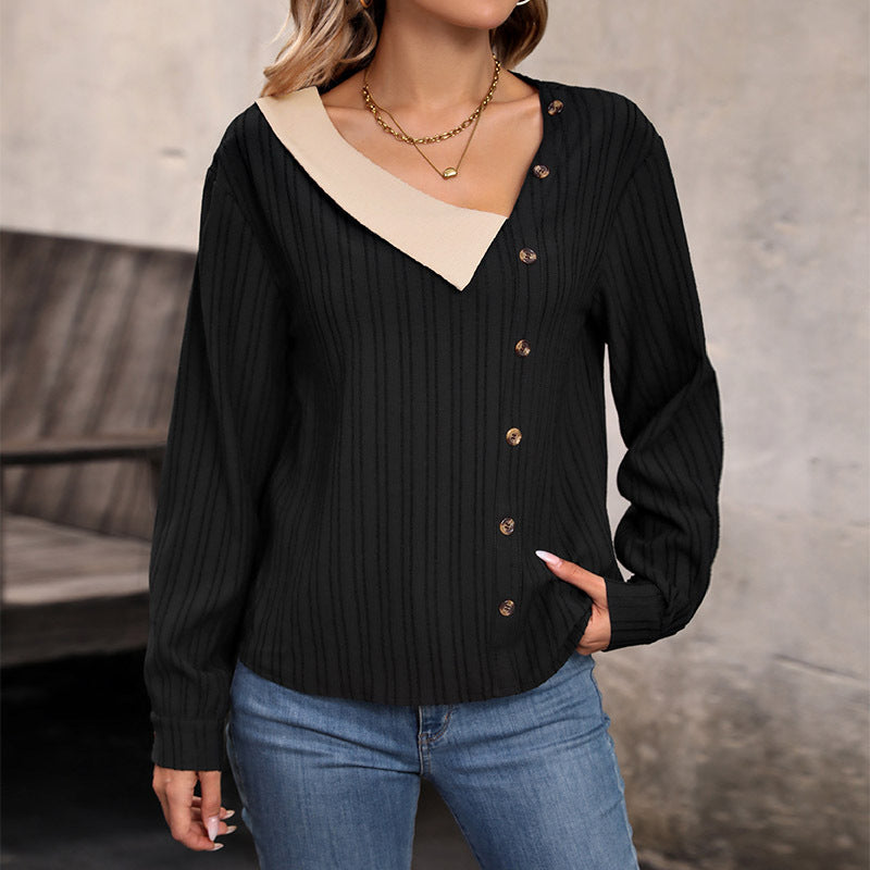 Splicing V-neck Top Long-sleeved Buckle