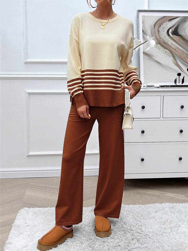 Women's Casual Loose Contrasting Color Straight Trousers Sweater Set