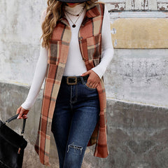 Sleeveless Lapel Cardigan Jacket Retro Plaid Vest