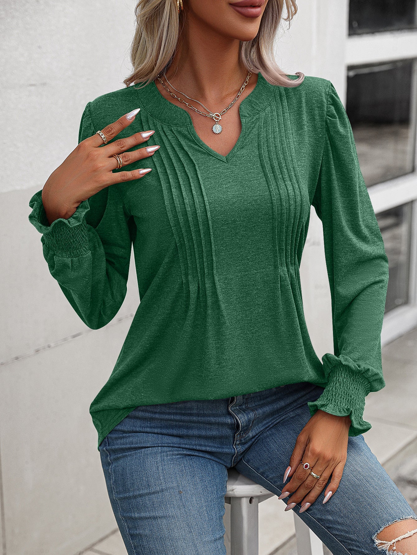 Casual Top Bubble Sleeve Wrap V-Neck Long Sleeve T-Shirt