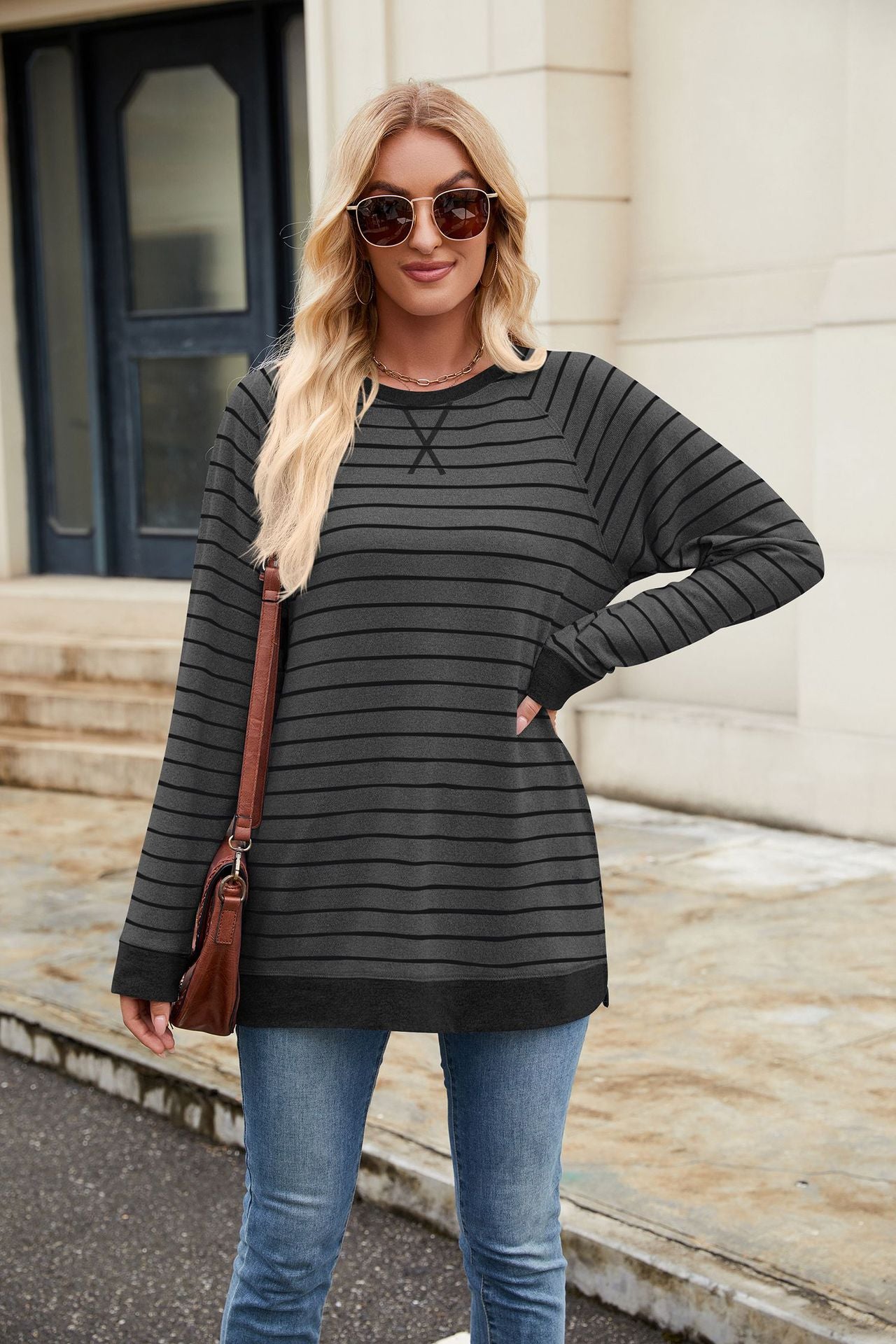 Striped Contrast Color Crew Neck Long Sleeve Loose Casual