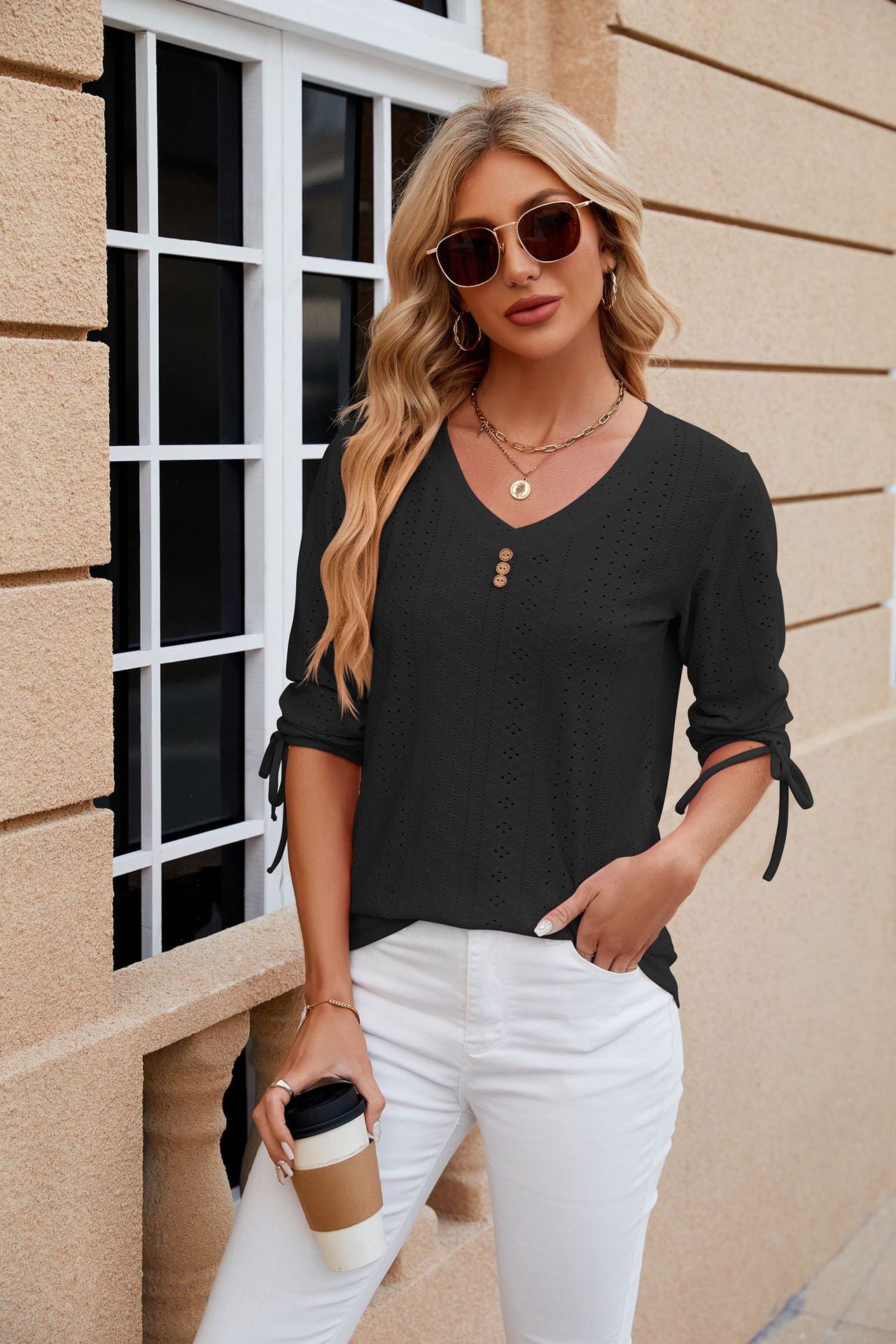 Solid Color Jacquard Button Middle Sleeve T-shirt