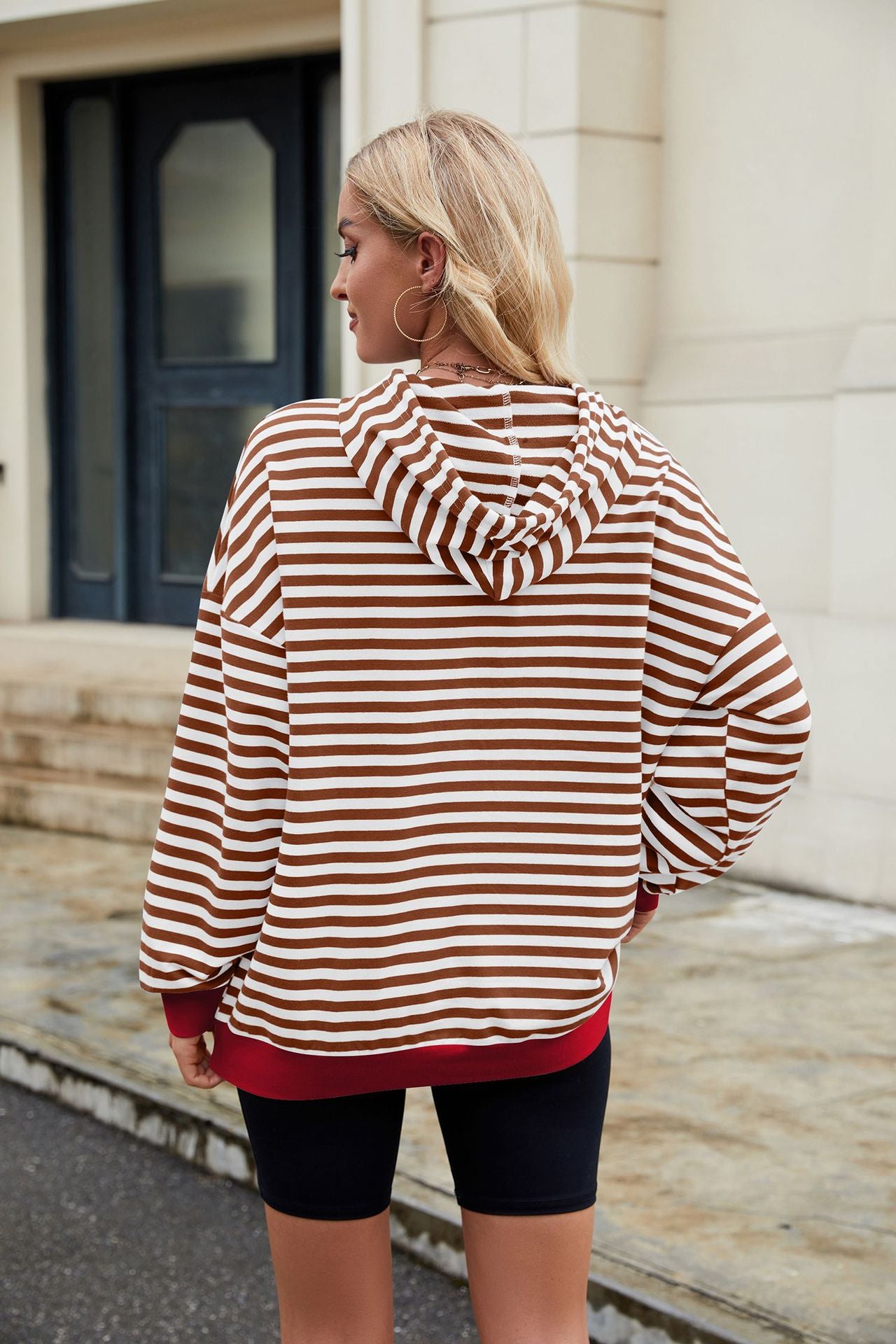 Striped Contrast Casual Hooded Loose Pocket Sweater