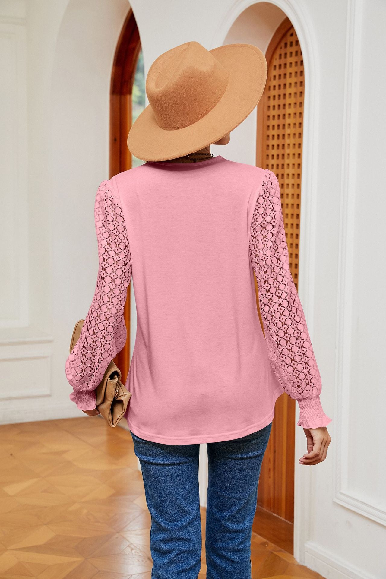 V-Neck Lace Splicing Loose Long Sleeve T-Shirt Top