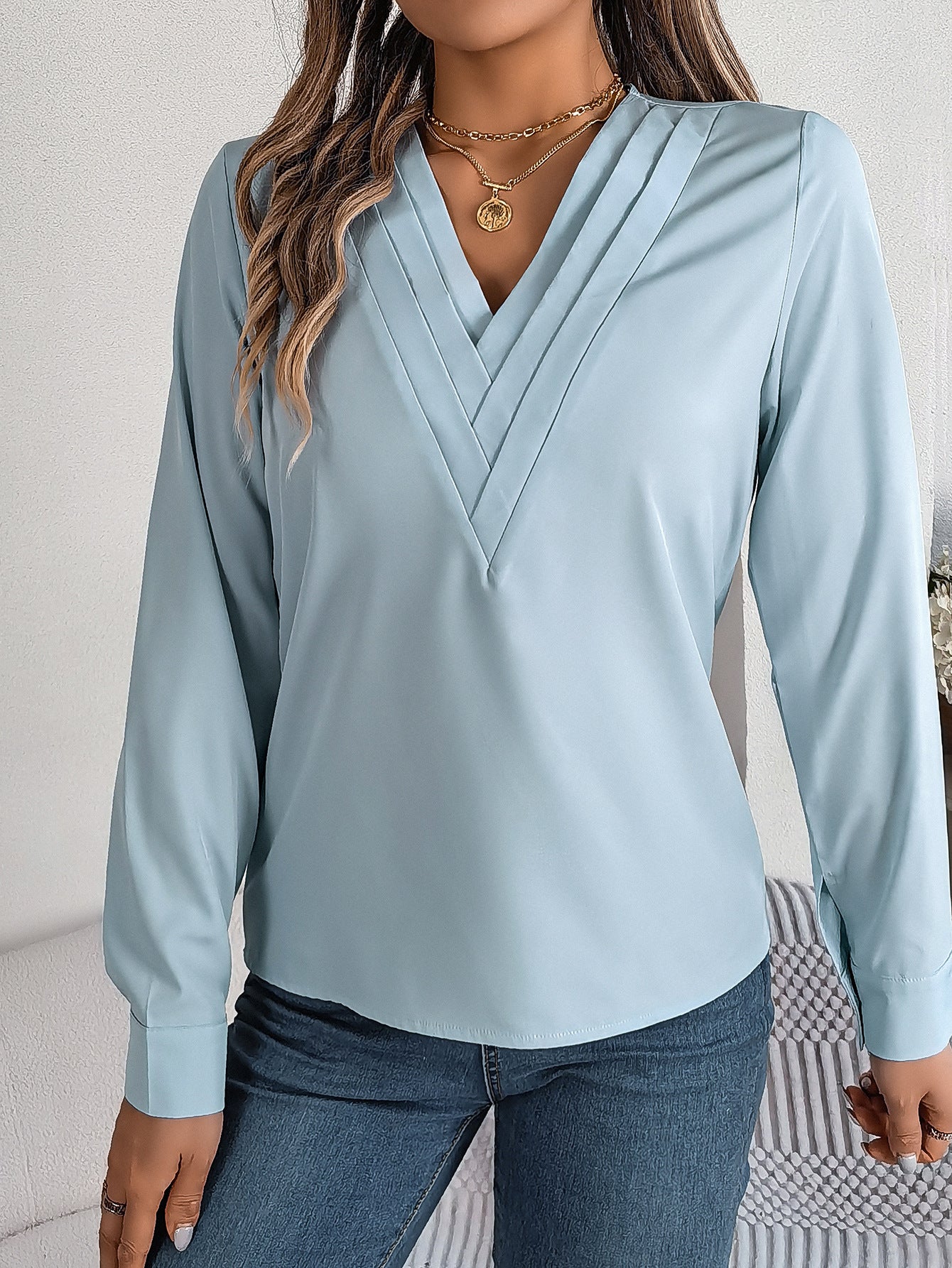 Long Sleeve Tops Pleated V Neck Dressy Casual Blouse Shirt Top