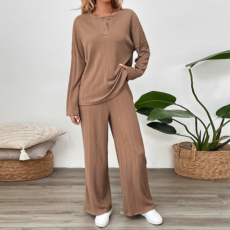 Button-down Texture Fabric Solid Color Wide-leg Pants Set