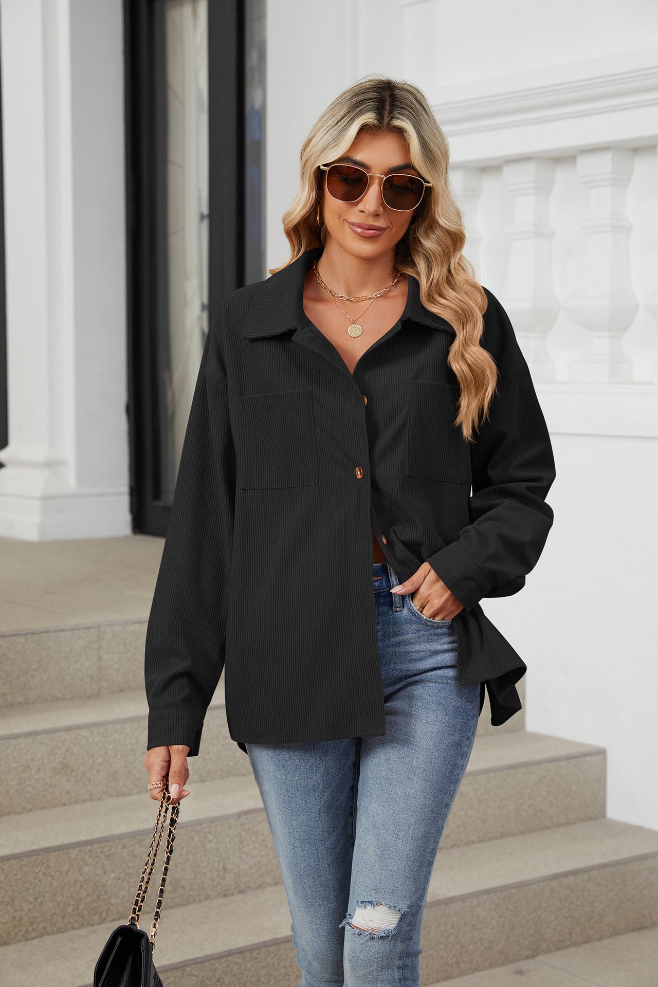 Women's Corduroy Lapel Long Sleeve Jacket