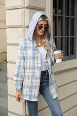 Plaid Contrast Hooded Long Sleeve Loose Wool Jacket