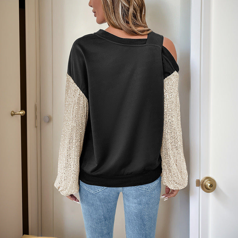 Long Sleeve Sequin Off-Shoulder Colorblock Sweatshirt