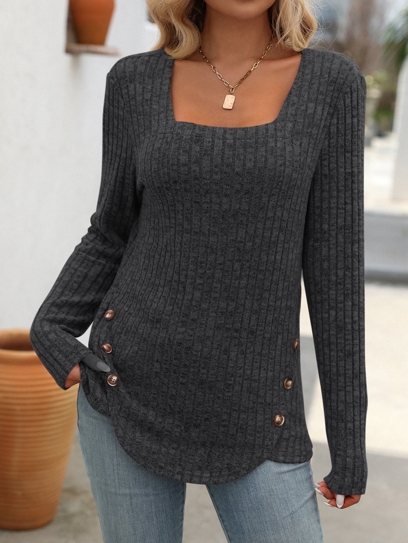 Women's Square Collar Solid Color Top Long Sleeve Buttons