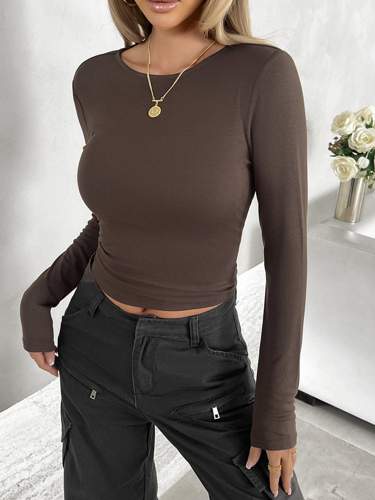 Women's Crew Neck Solid Color Slim-fit Long Sleeve Top