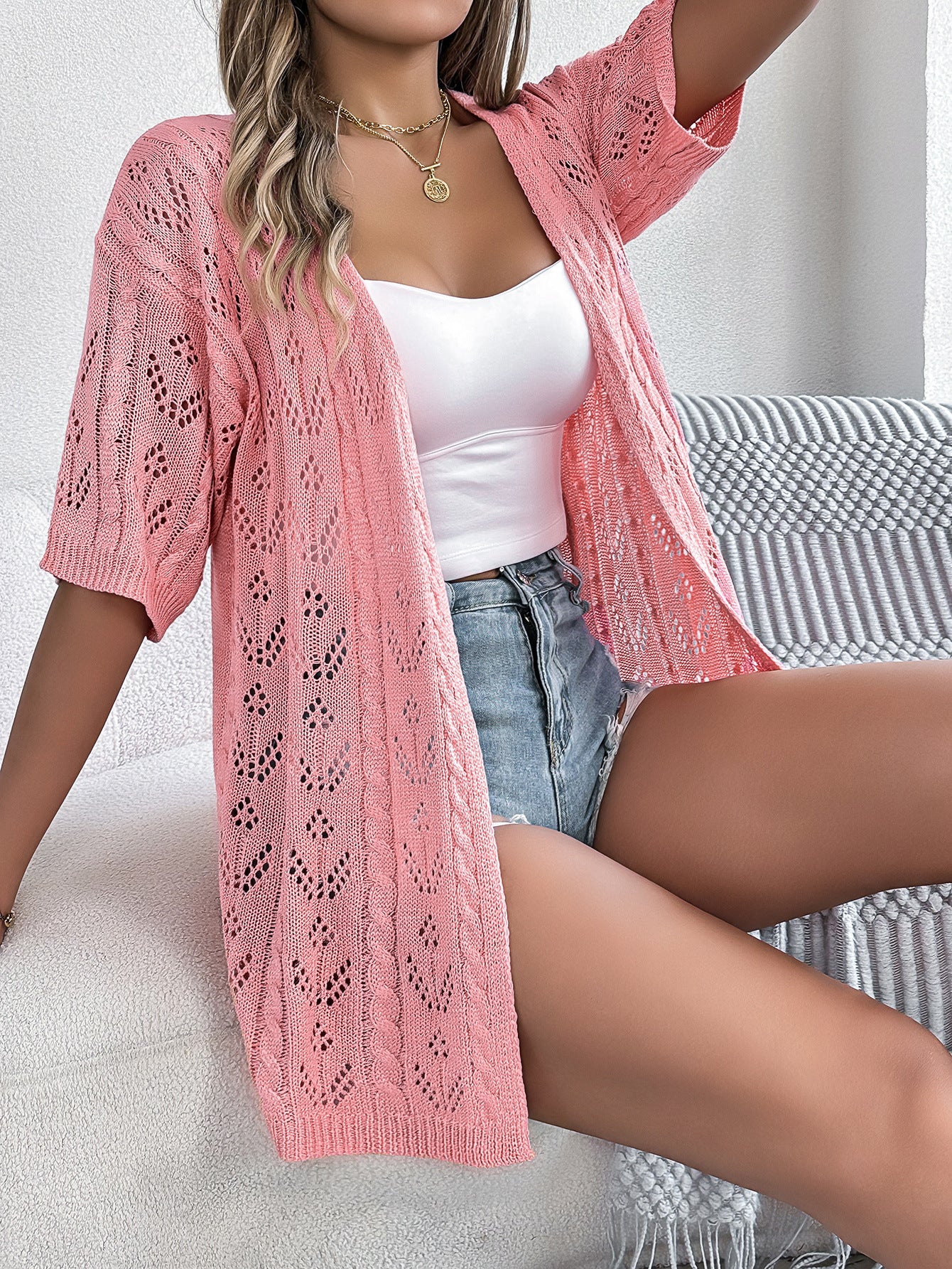 Cut-Out Short-Sleeved Knitted Cardigan Holiday Sunscreen