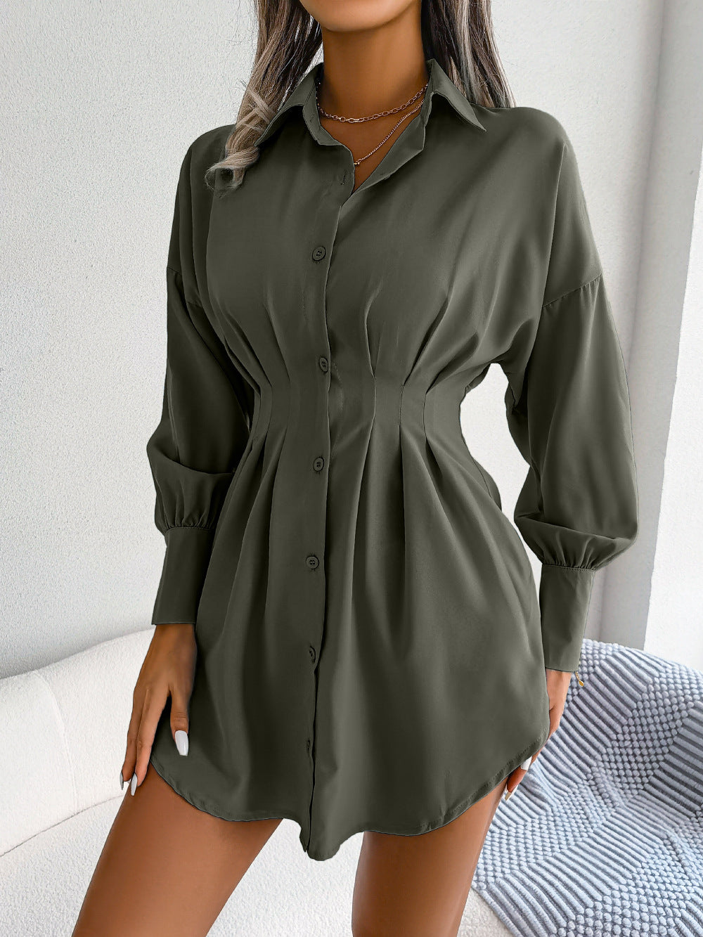 Casual Lantern Sleeves Slim Waist Asymmetrical Dress Shirt Skirt