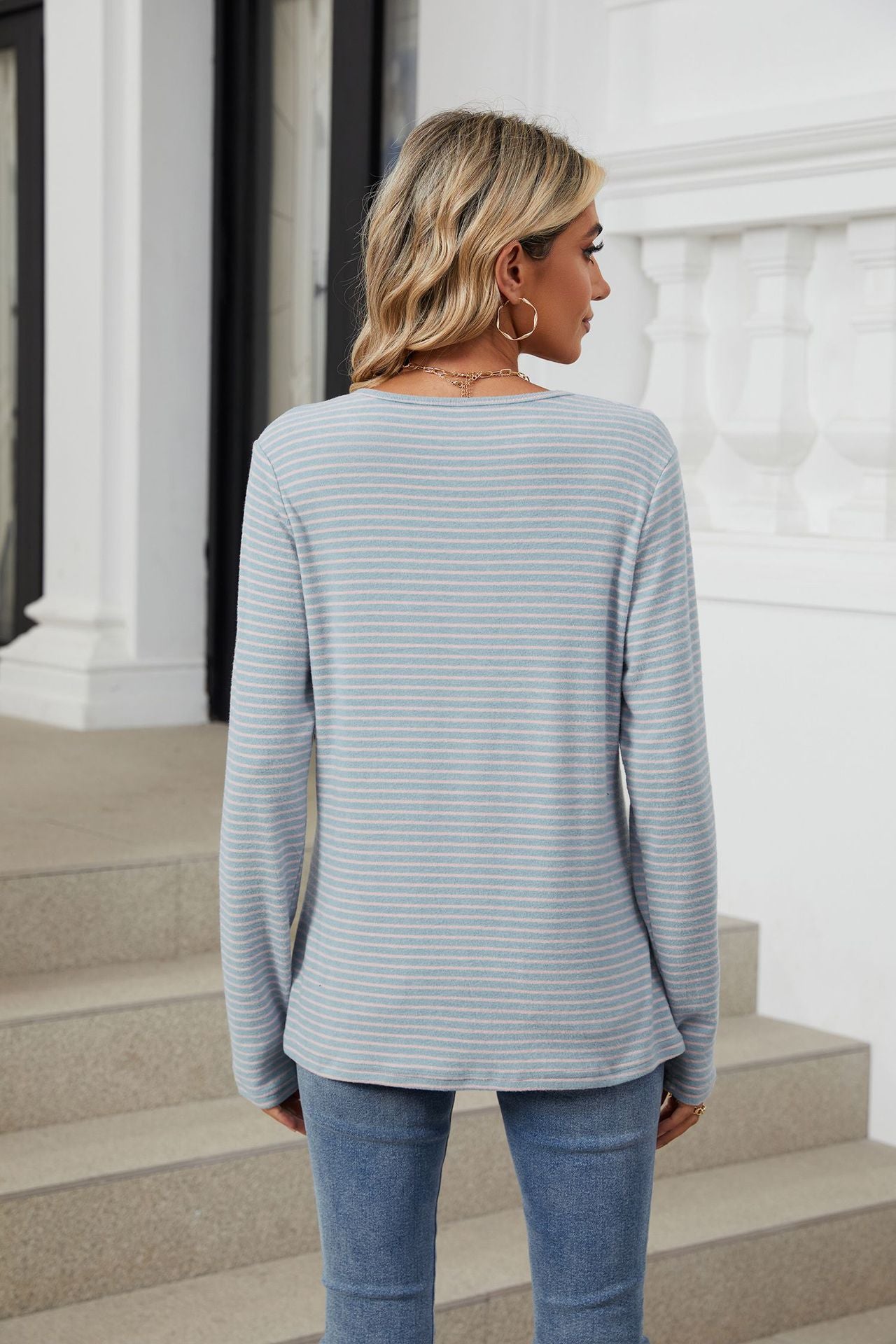 Crew Neck Button Loose Long Sleeve Striped