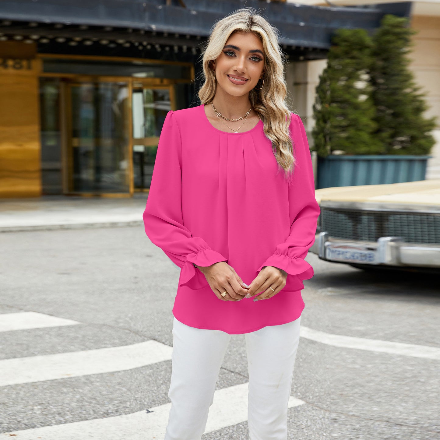 Solid Color Round Neck Loose Long-sleeved Chiffon Top Bottoming Shirt