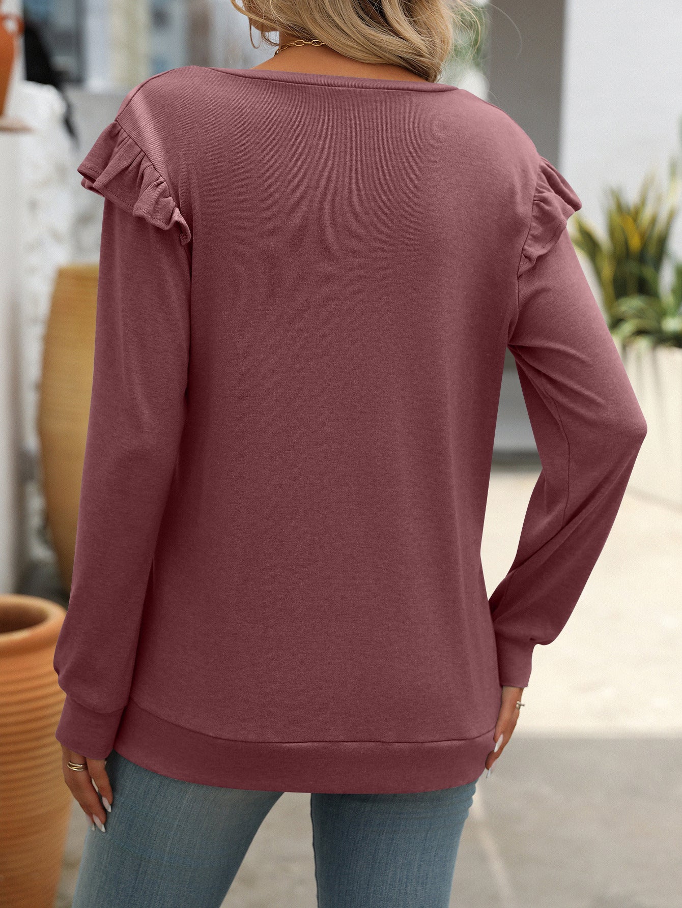 Solid Color Casual Flying Sleeve V-neck Long Sleeve T-shirt