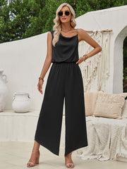 Solid Color Suspender Waist Wide Leg Jumpsuit