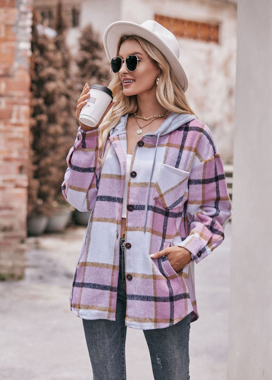 Ladies Hooded Jacket Casual Medium and Long Checked Shirt