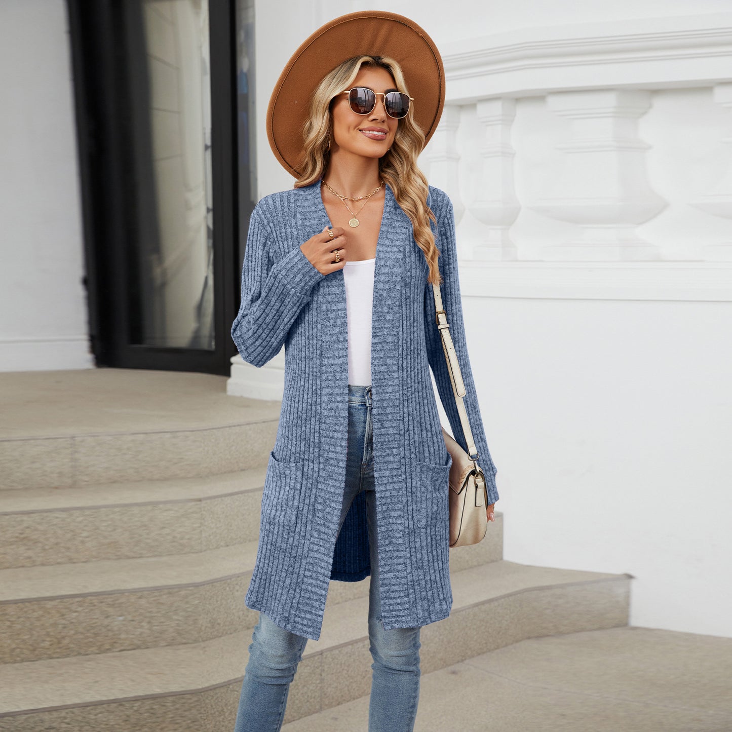 Long Solid Color Long-sleeved Loose Pocket Cardigan