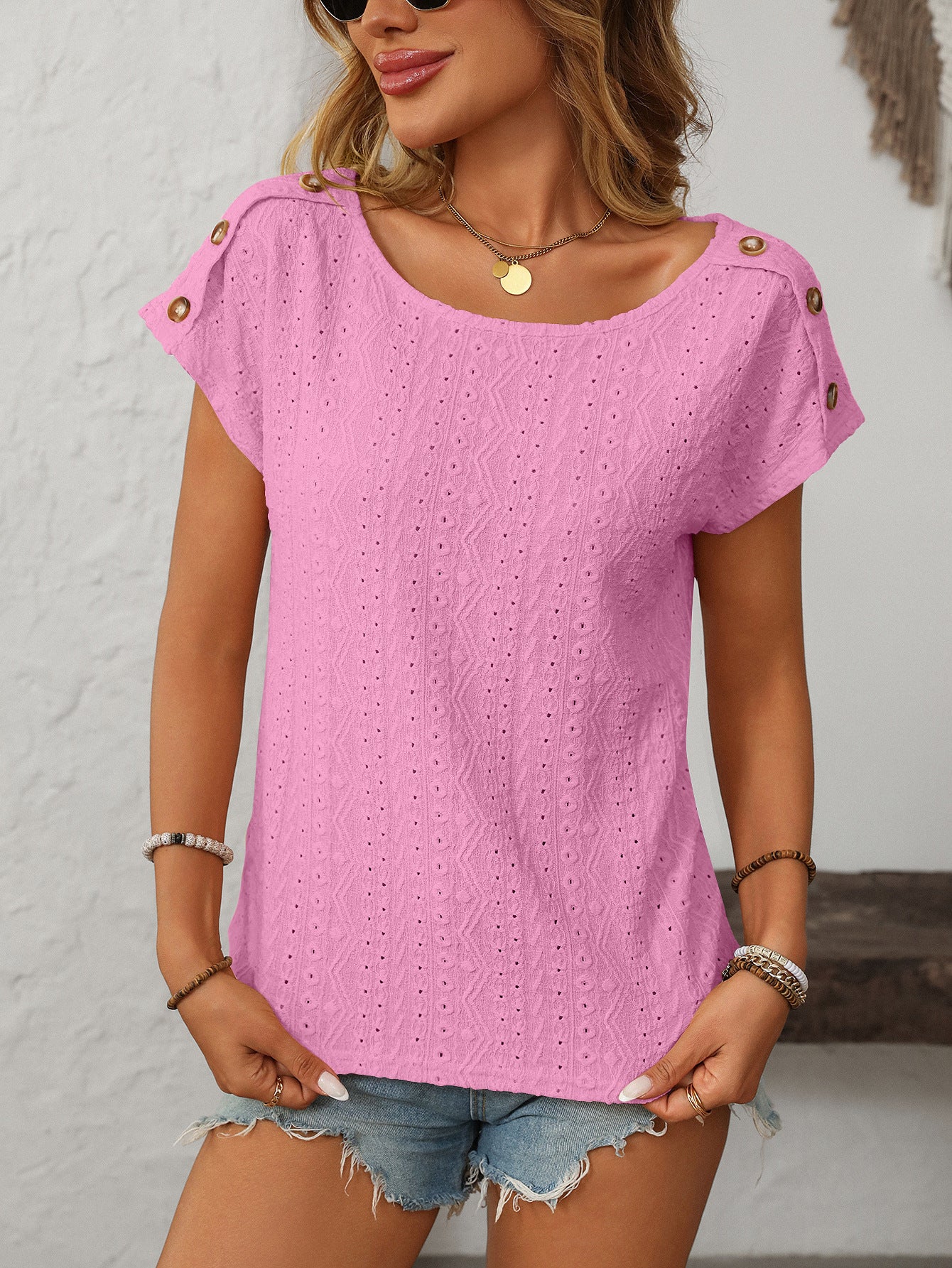 Solid Crewneck Button Short-sleeved Cut-out Top