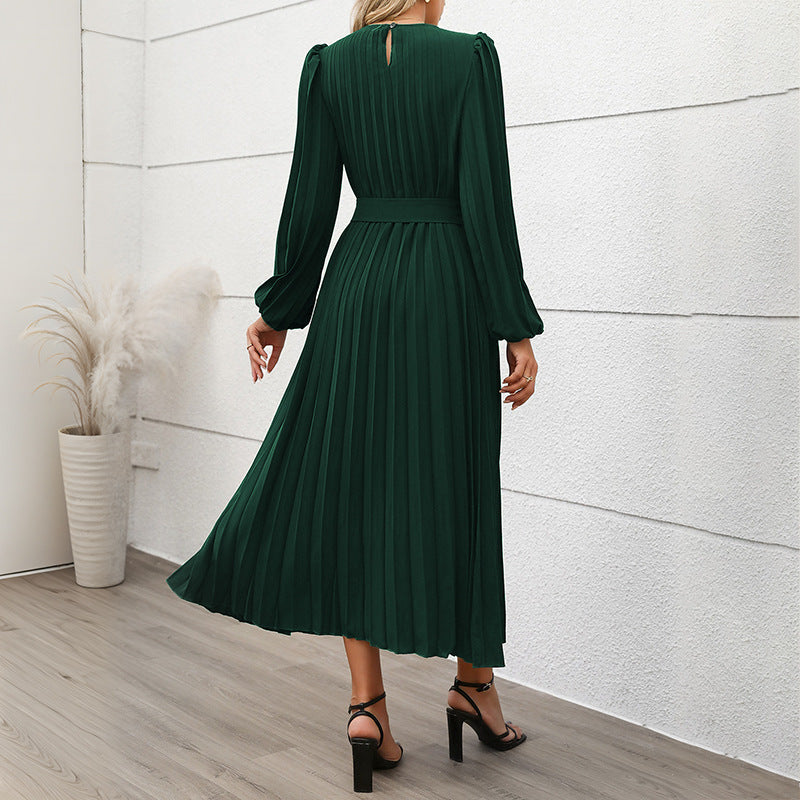 Pleated Maxi Dress High-Waisted A-Line Round Neck Elegant Gown