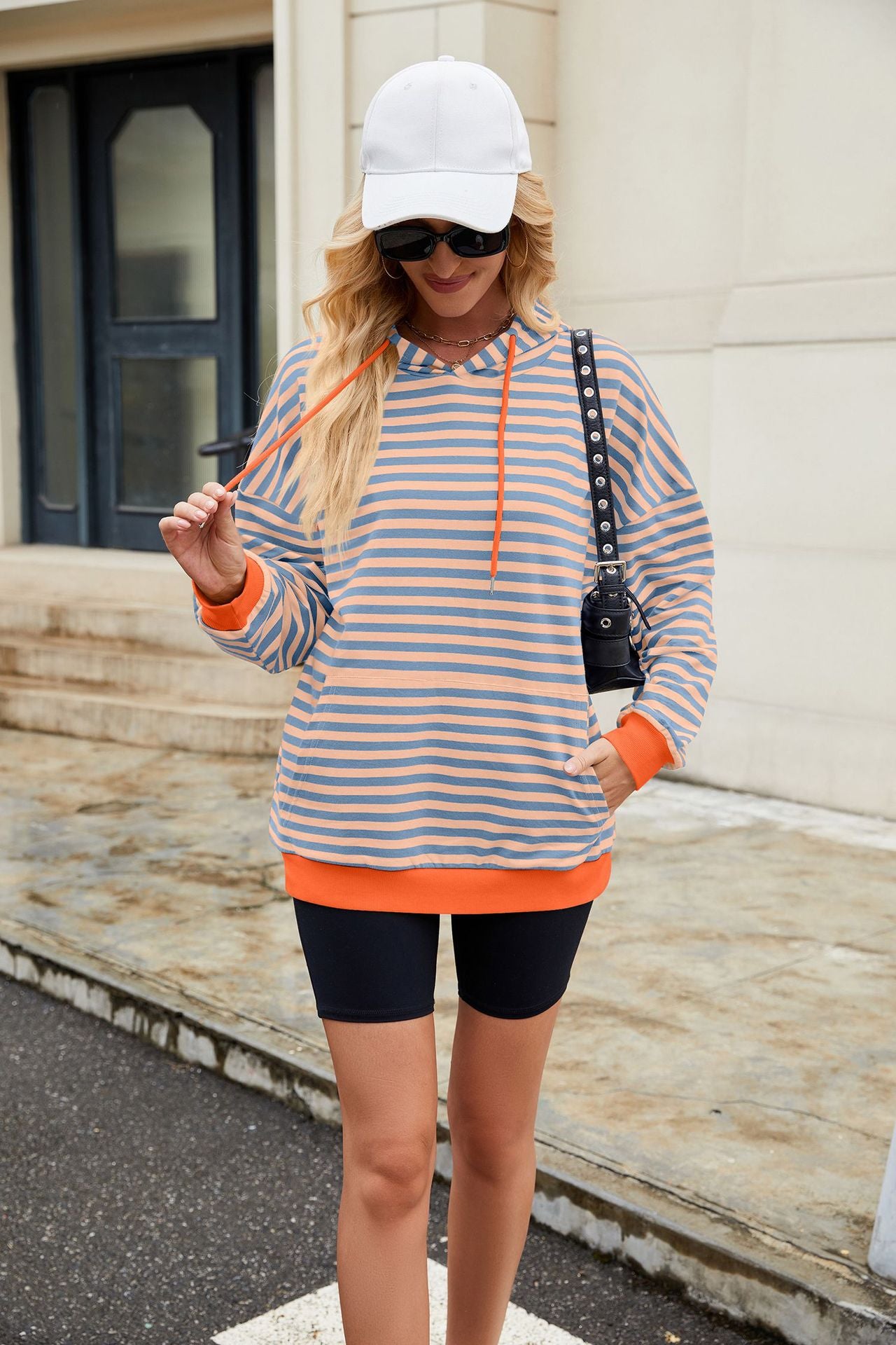 Striped Contrast Casual Hooded Loose Pocket Sweater