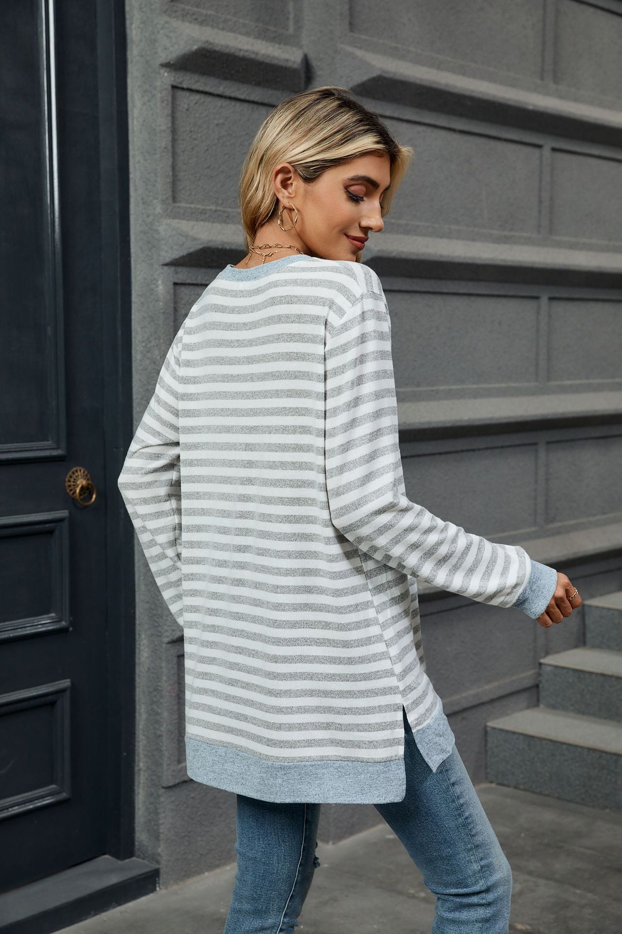 Striped Crew Neck Long Sleeves Loose