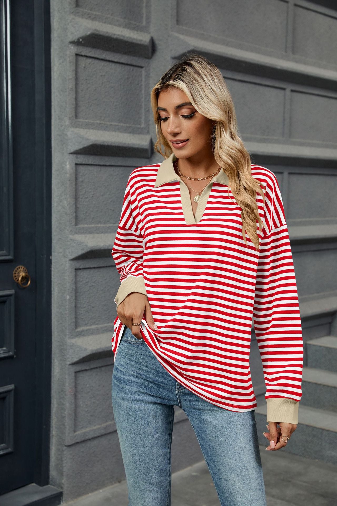 Lapel Loose Long Sleeve Striped Sweater