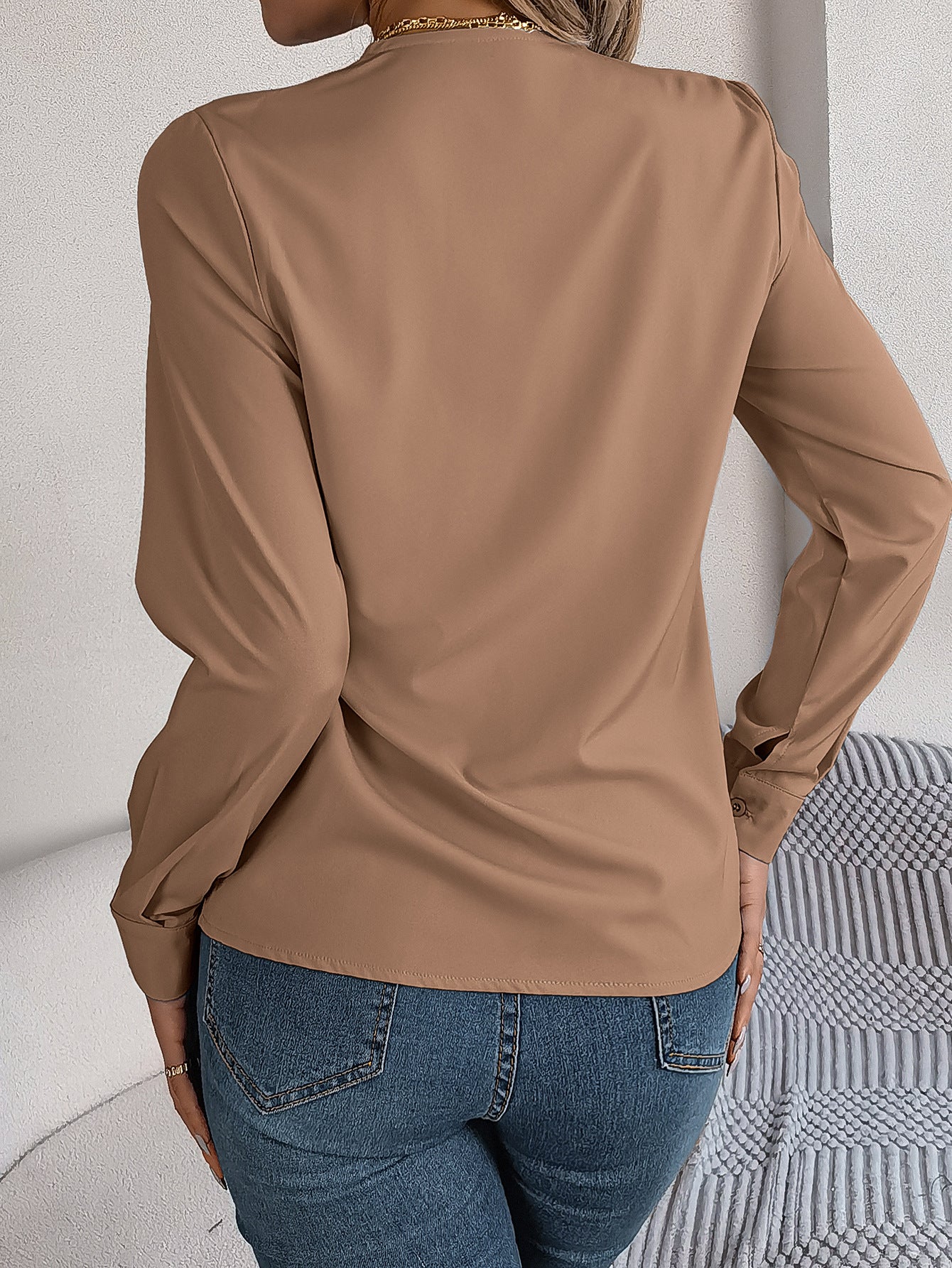 Long Sleeve Tops Pleated V Neck Dressy Casual Blouse Shirt Top