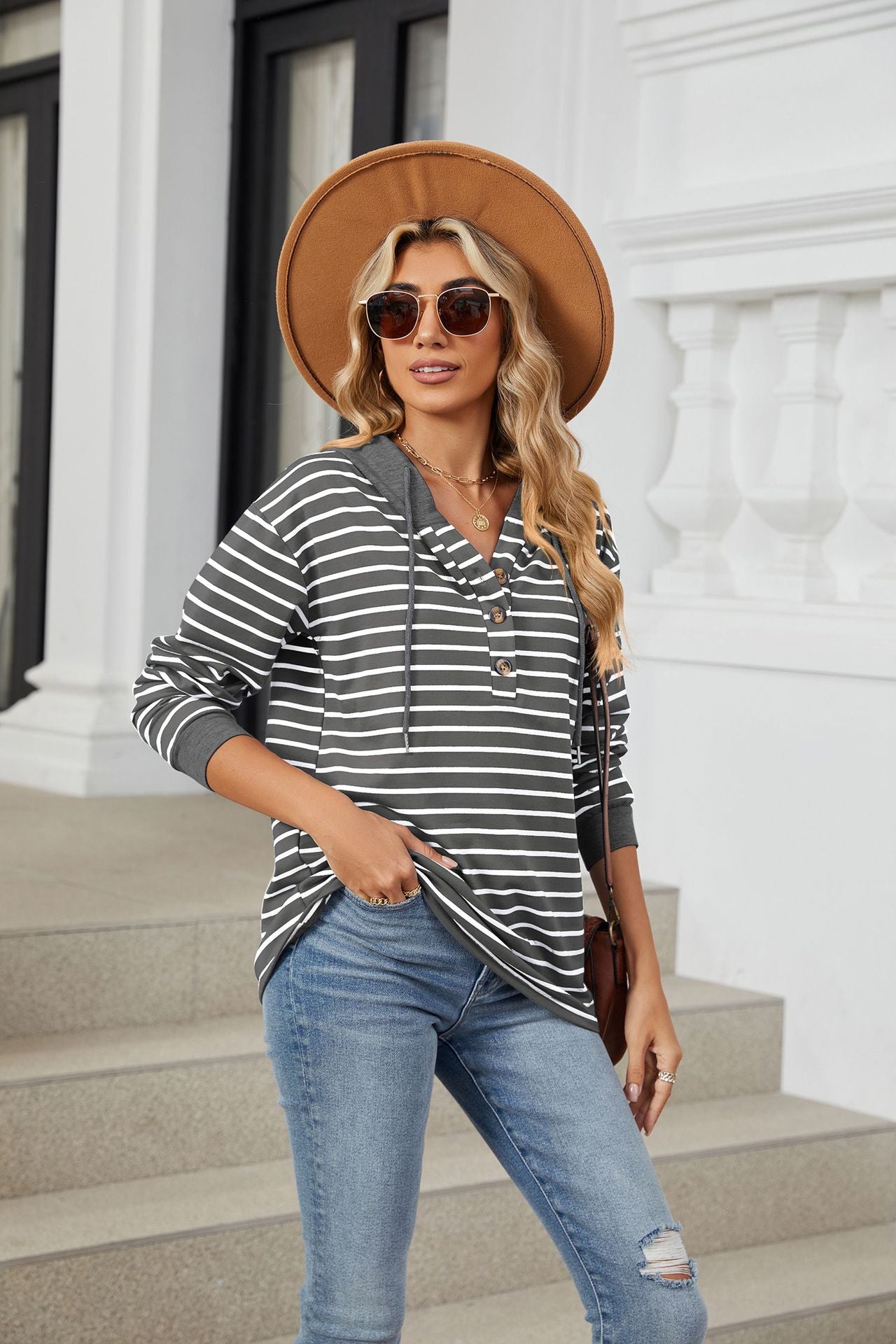 Striped Contrasting Splicing Hooded Long-sleeved Loose Sweater