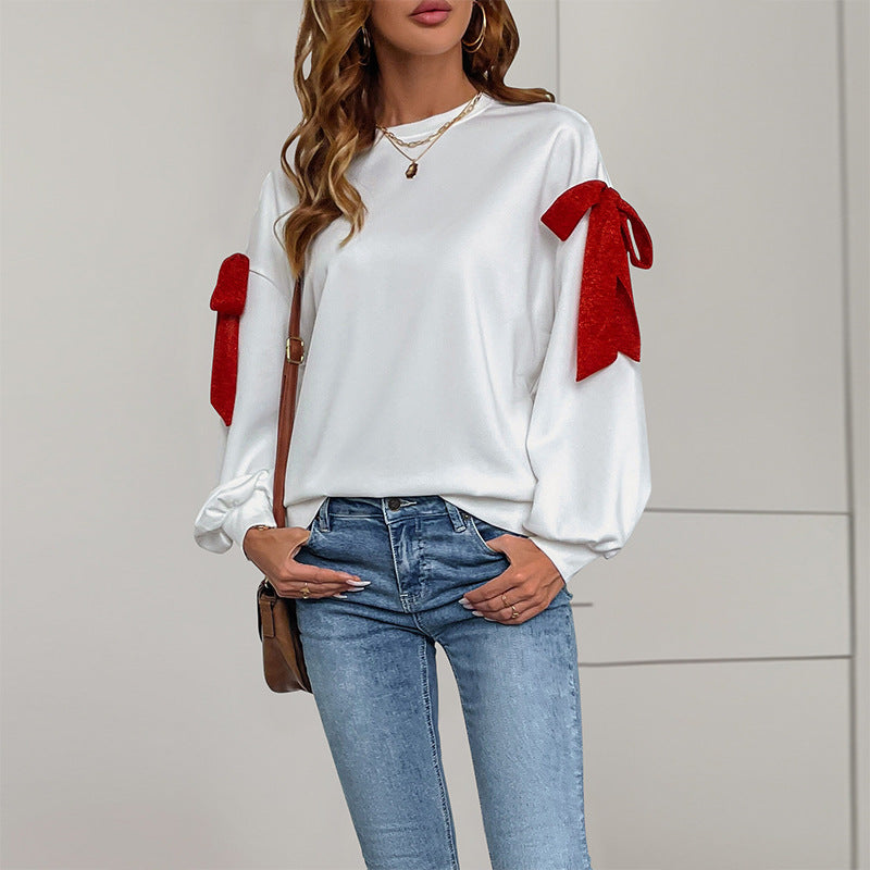 Women's Sweatshirts Top Chirstmas Bow Tie Round Neck Long Sleeve