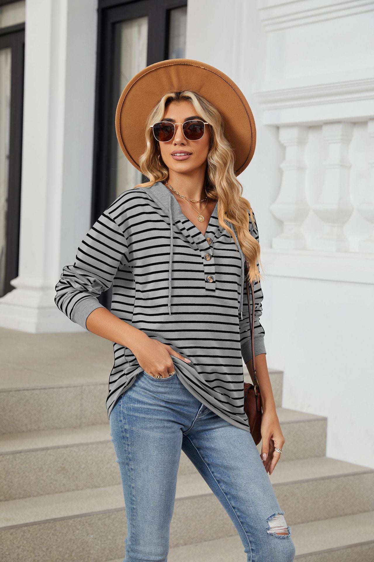 Striped Contrasting Splicing Hooded Long-sleeved Loose Sweater