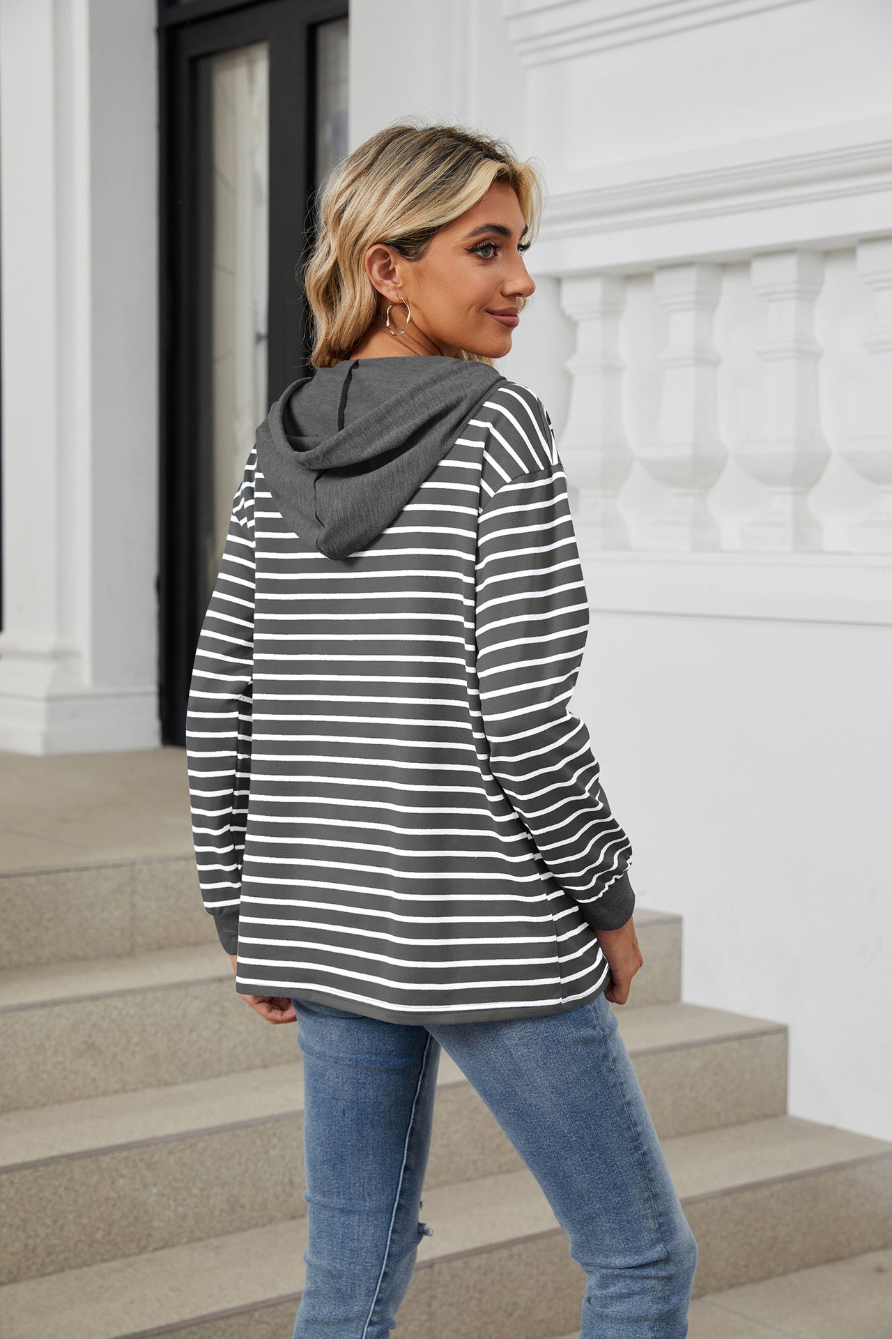 Striped Contrasting Splicing Hooded Long-sleeved Loose Sweater