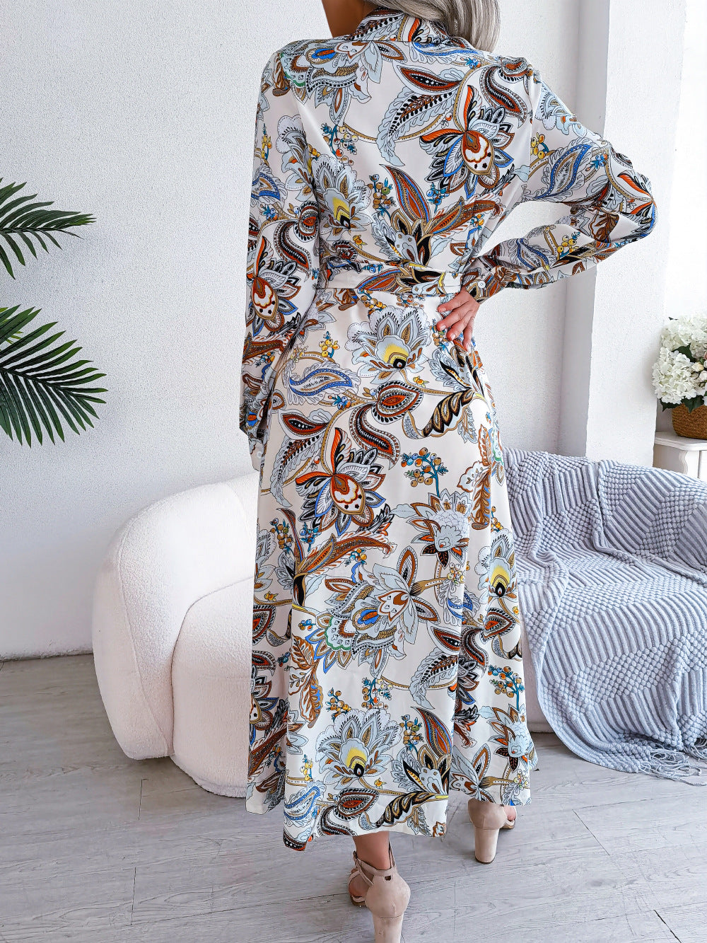 Vintage Floral Collar Tie-Front Shirt Dress Maxi