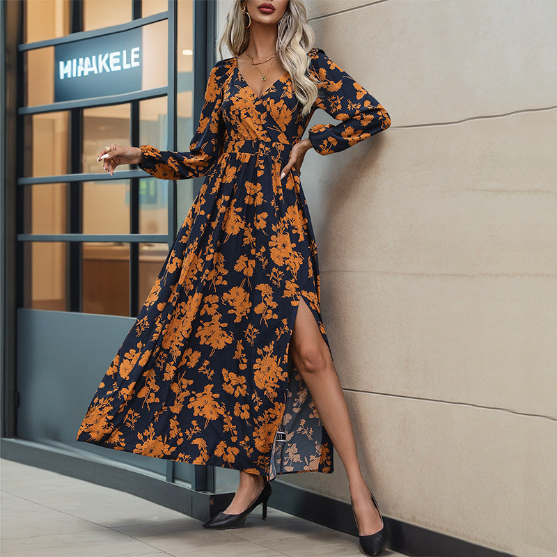 Women's Long-sleeved V-neck Print Dress