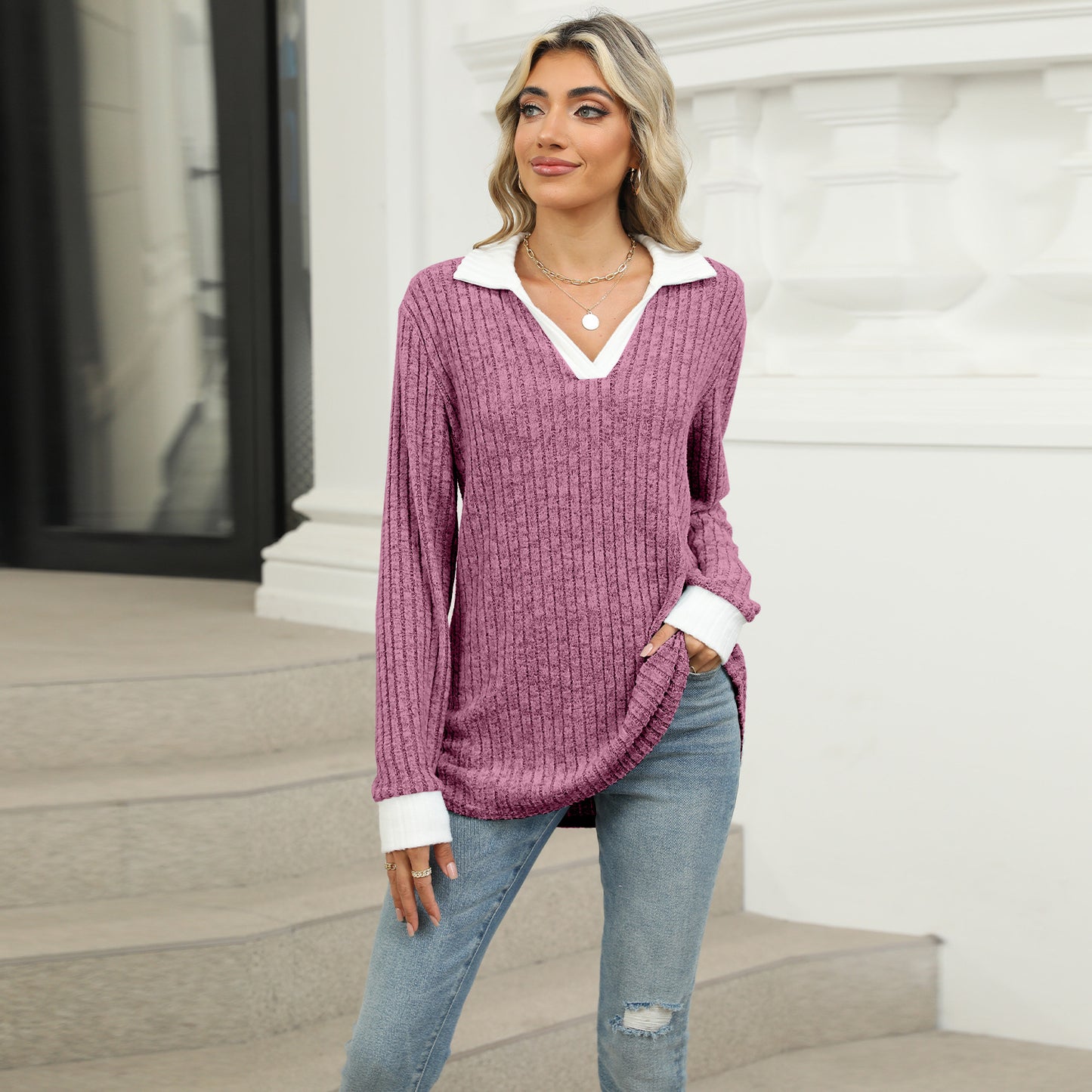 Contrasting Lapel Long Sleeve Loose T-Shirt Top