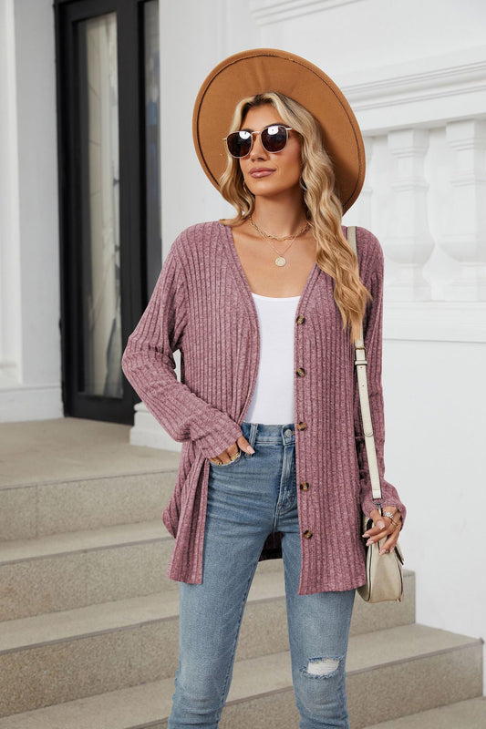 Solid Color Long Sleeve Button Cardigan Knitted