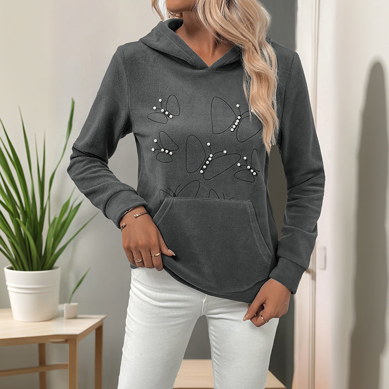 Beaded Hoodie Drawstring Long Sleeve Pullover Sweatshirt