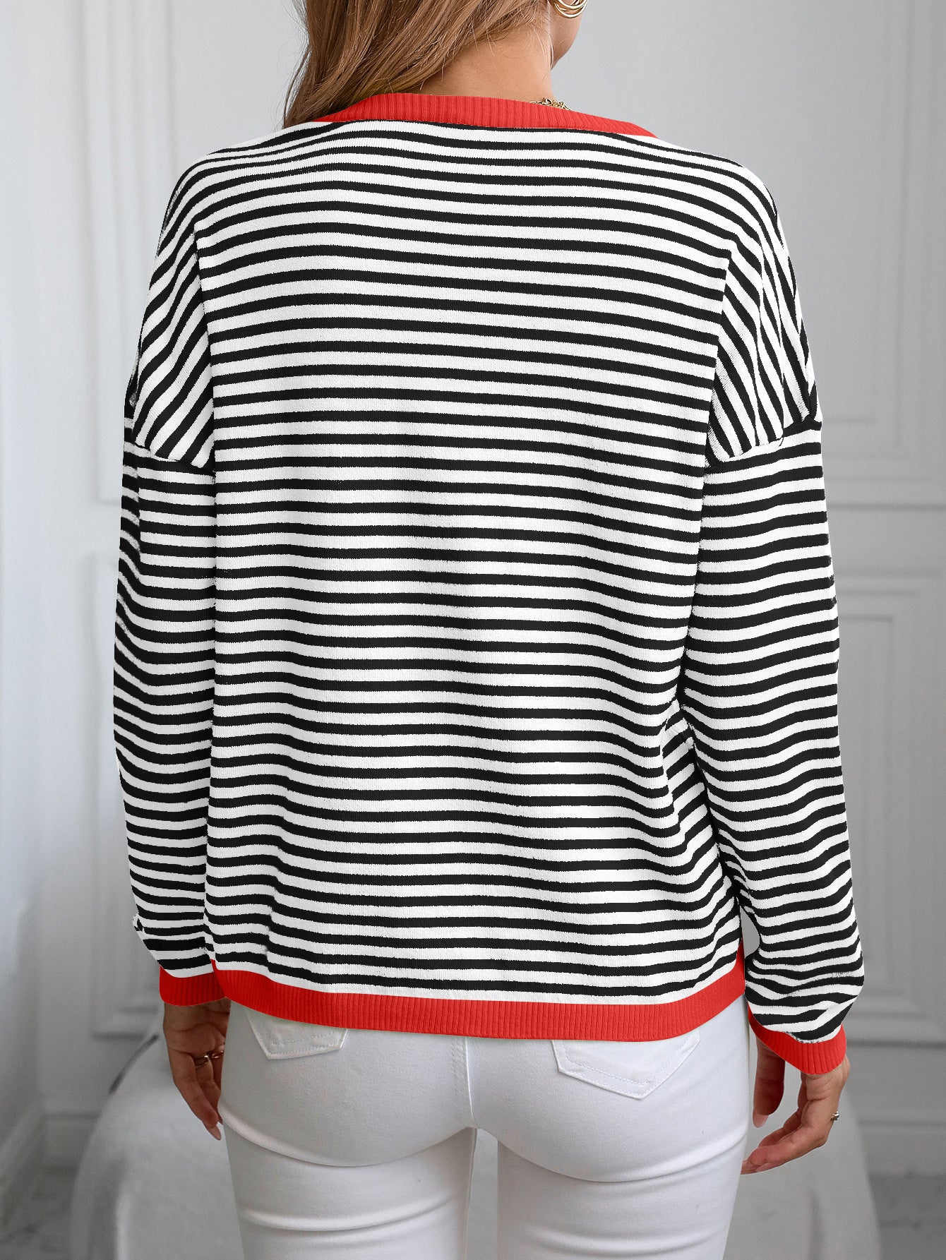 Women's V-Neck Striped Contrast Color Long Sleeve Casual Sweater