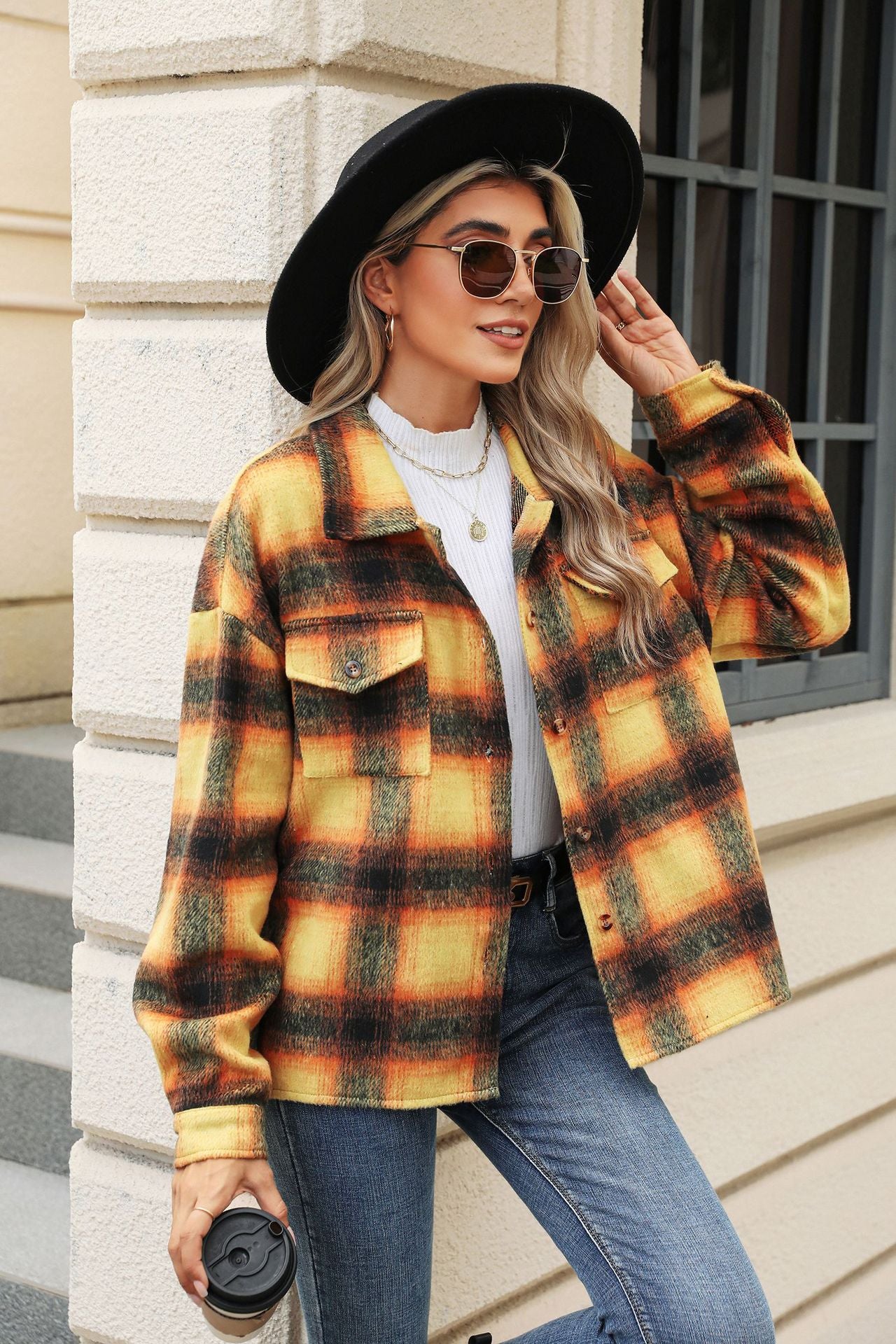 Lapel Plaid Long-sleeved Loose Woolen Jacket