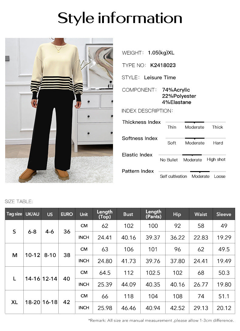 Women's Casual Loose Contrasting Color Straight Trousers Sweater Set