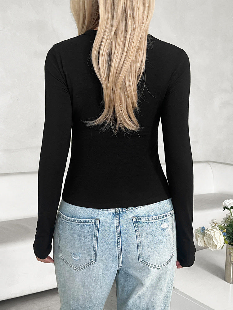 Women's Temperament Slim Fit Solid Color U-neck Long-sleeved Top