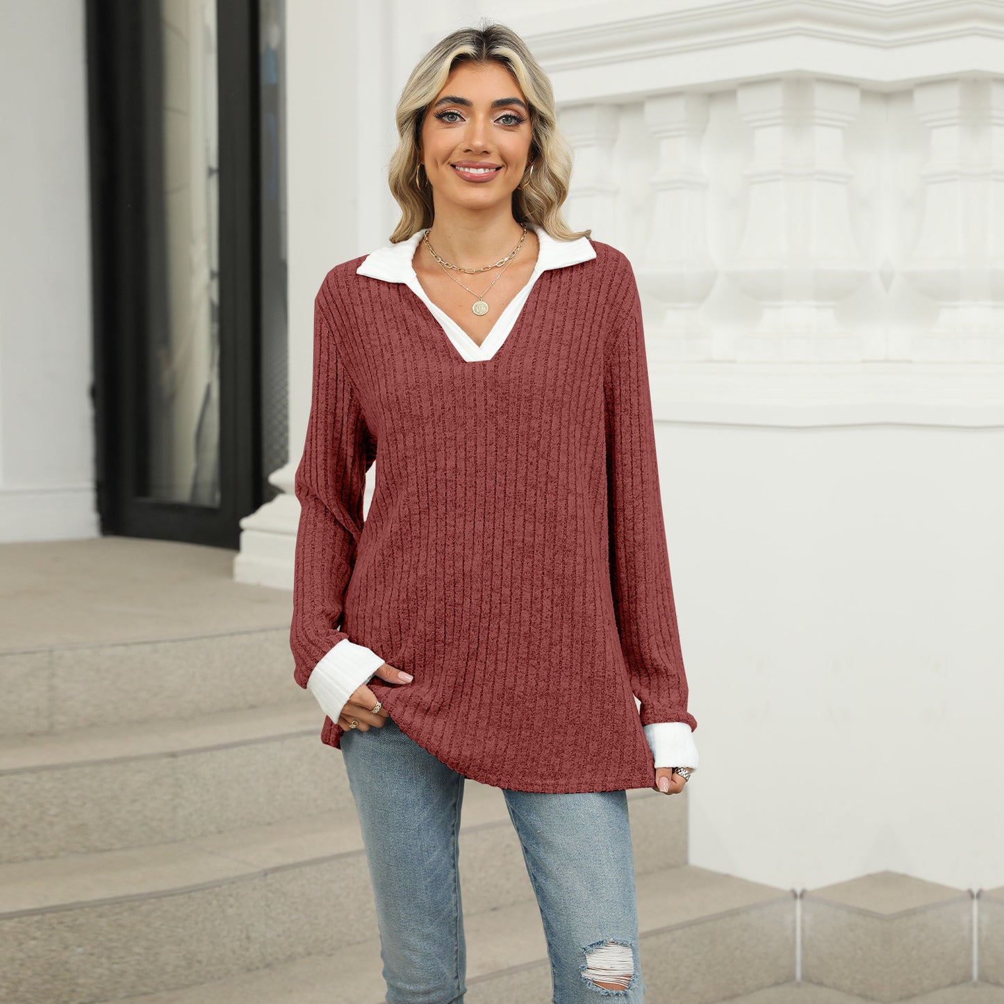 Contrasting Lapel Long Sleeve Loose T-Shirt Top